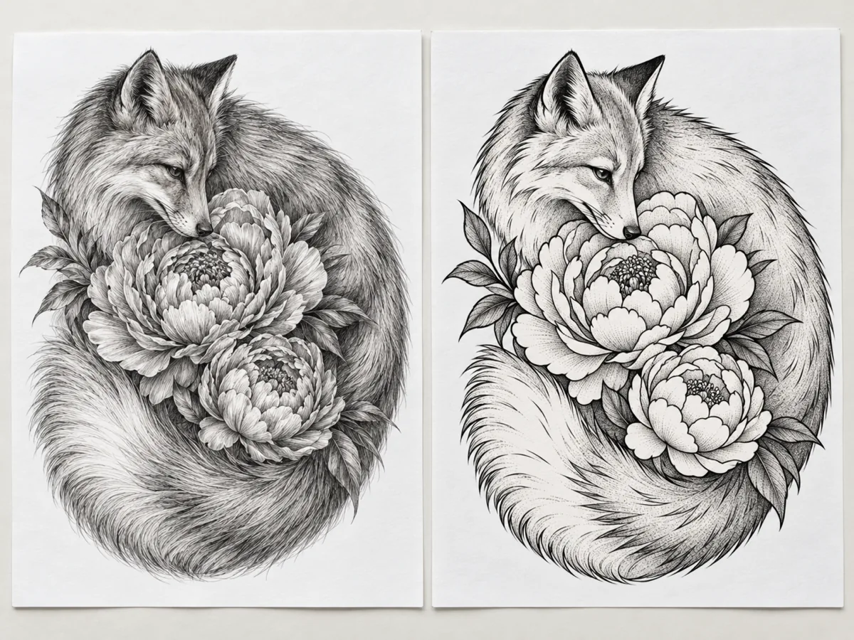 Two versions of the same fox and peony: an over-detailed AI concept and a simplified artist-adapted version with bolder lines and open space
