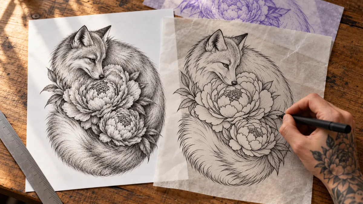 A tattoo consultation table with a printed AI fox and peony concept beside the artist's simplified redraw on tracing paper