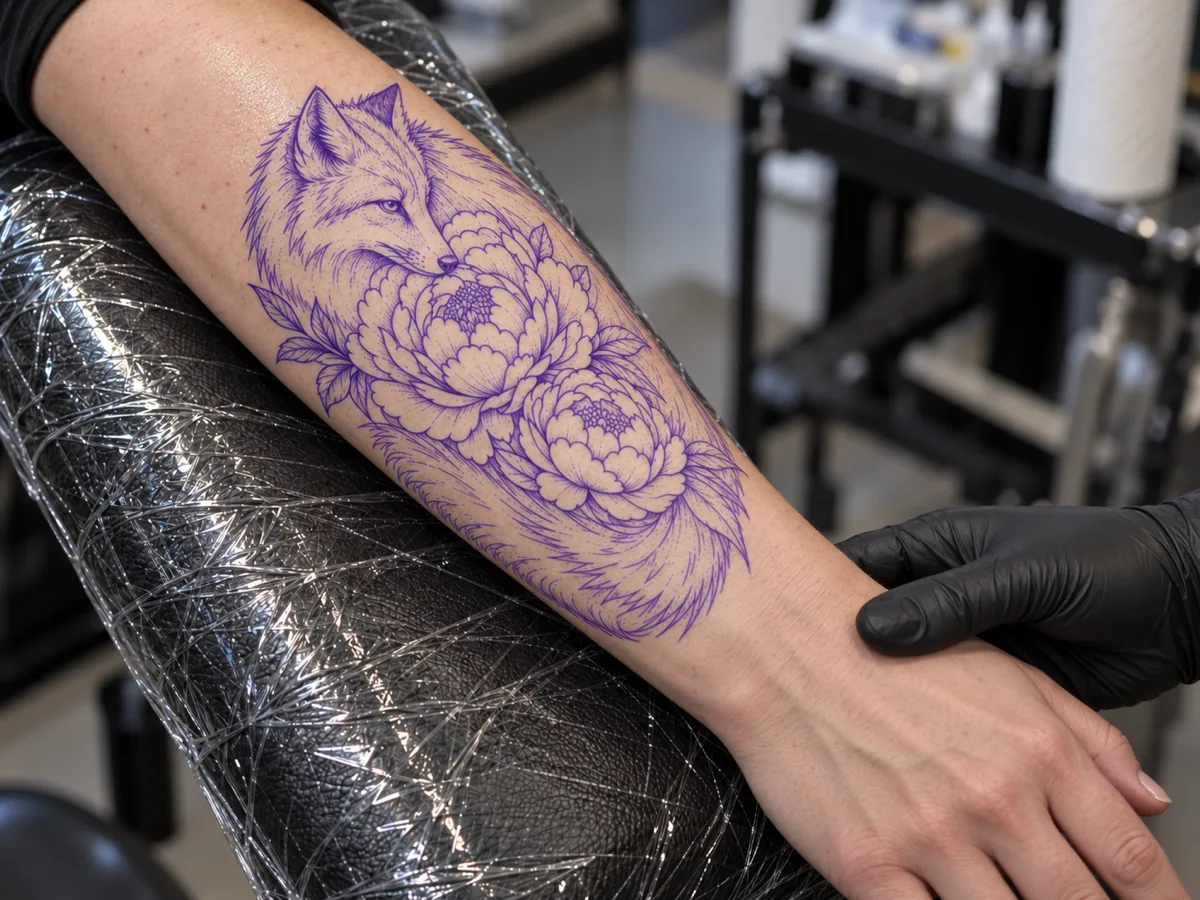A purple thermal stencil of a fox and peony design applied to a forearm, with a gloved hand adjusting the arm