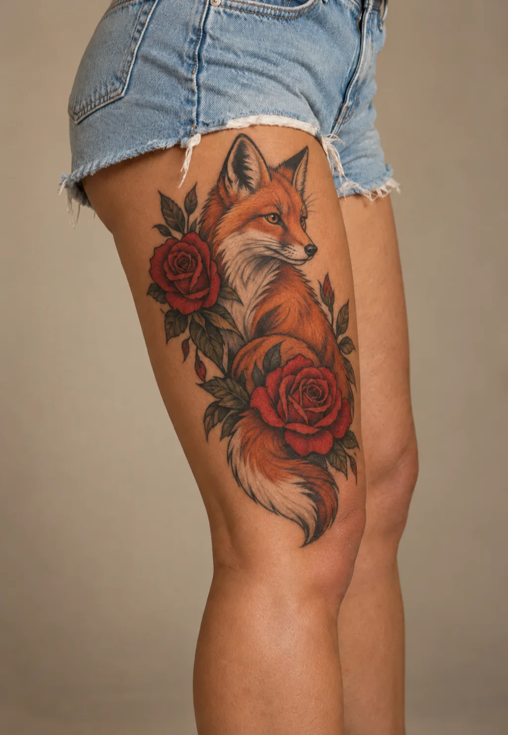 Fox and roses on the thigh