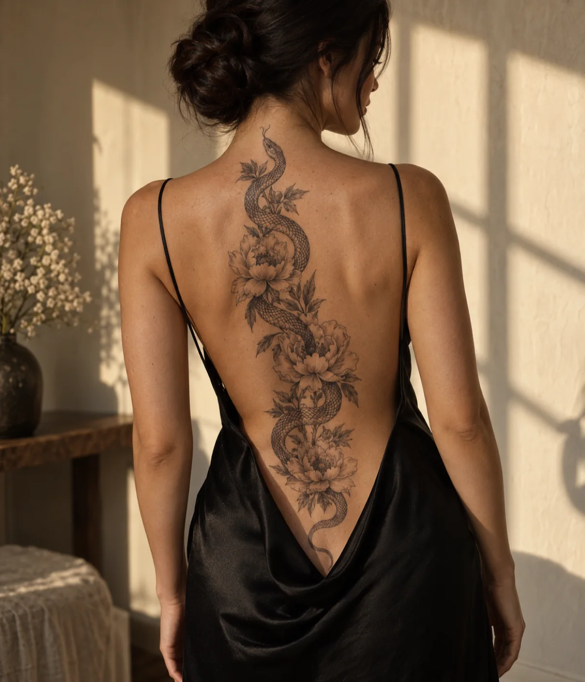 Black and grey snake and peony tattoo along a woman's spine in an open-back dress