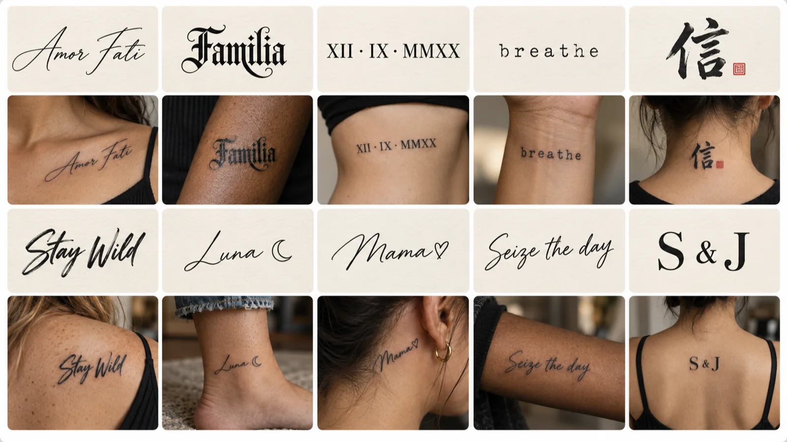 Tattoo lettering such as Amor Fati, Familia and Roman numerals shown as font samples and as finished tattoos on skin