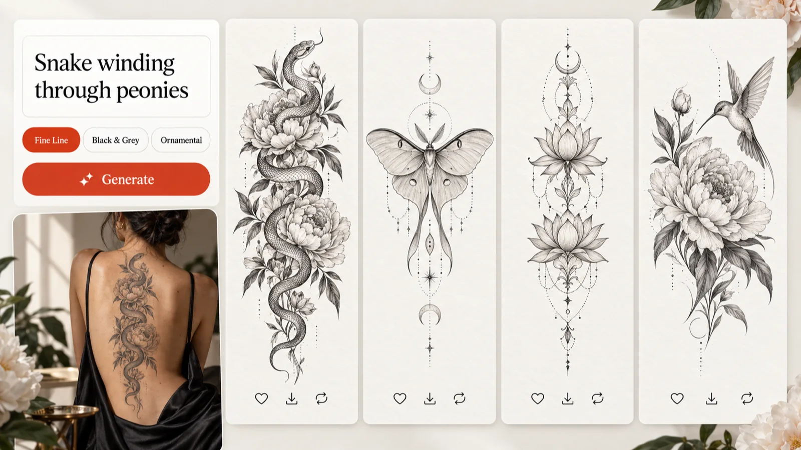 AI tattoo generator turning the prompt 'Snake winding through peonies' into four fine line designs and a spine tattoo preview