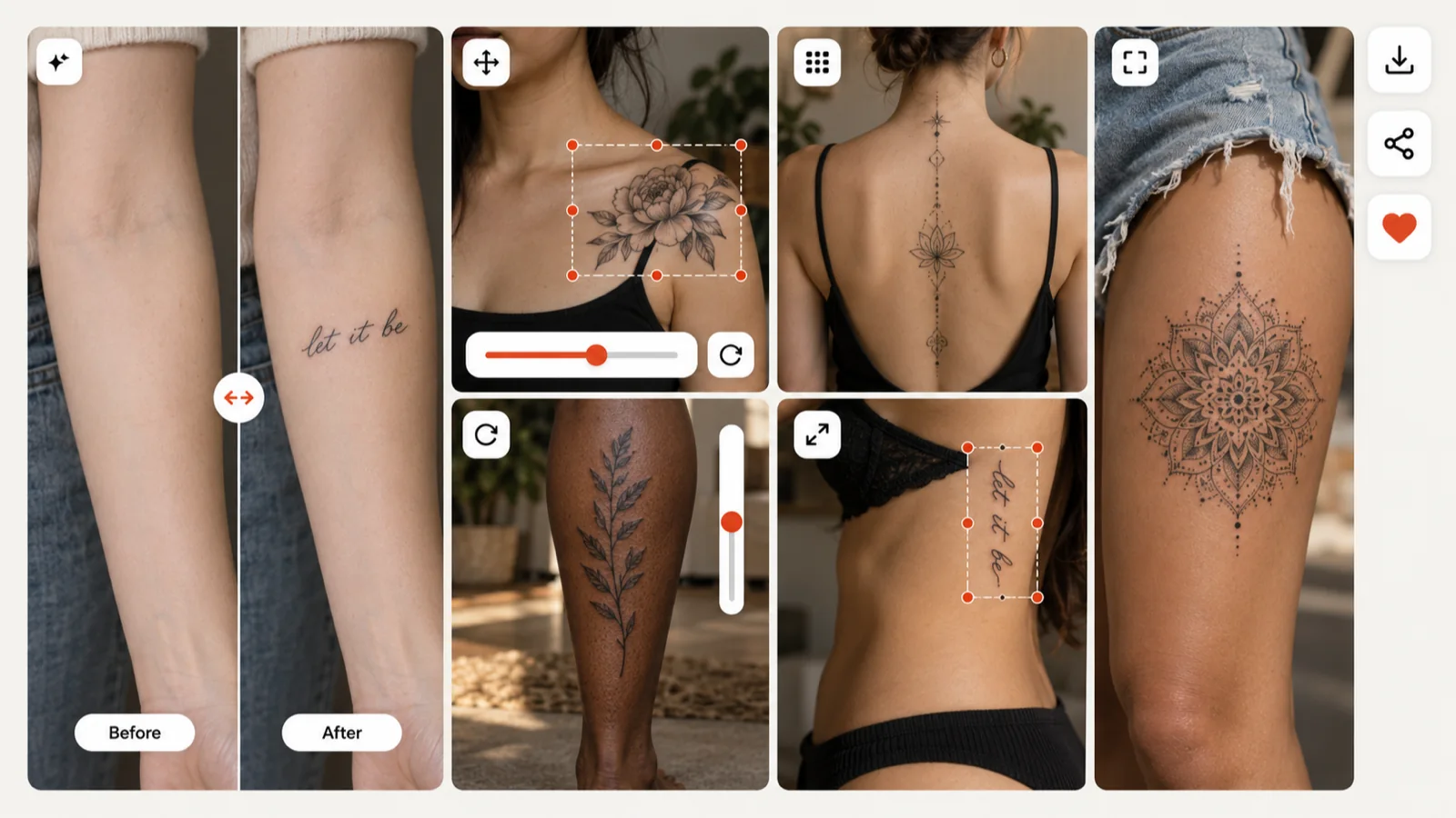 Virtual tattoo try-on on a forearm, collarbone, spine, calf, ribs and thigh with move, scale and opacity controls