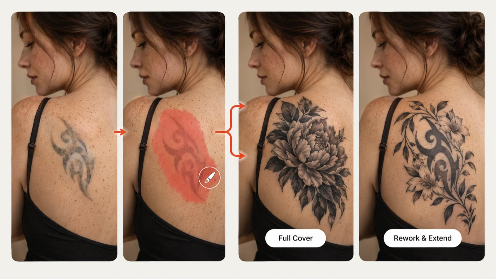 Faded tribal tattoo on a shoulder blade masked in vermilion, with Full Cover and Rework & Extend results side by side