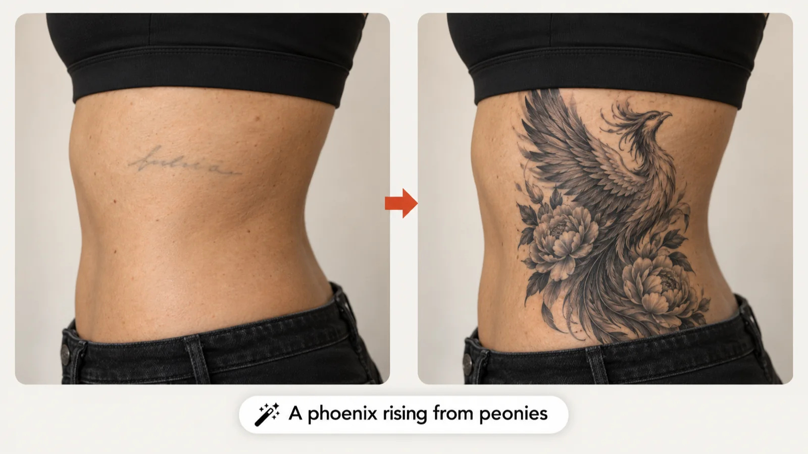 Faded script on a woman’s ribs transformed into a phoenix rising from peonies, shown before and after with the prompt card