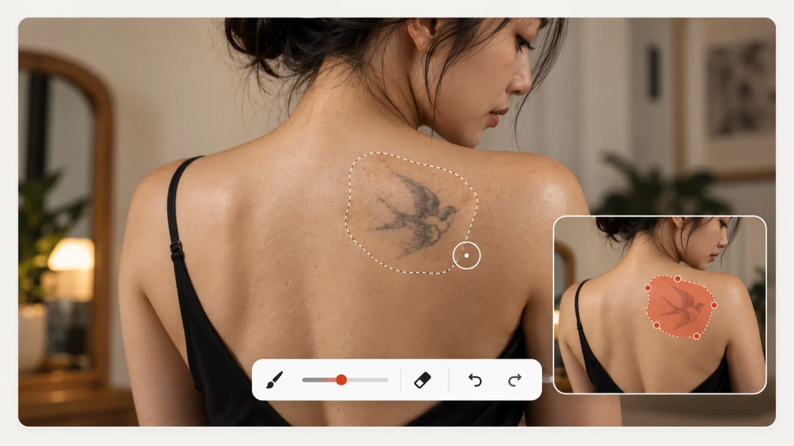 Selection canvas with an old upper-back tattoo outlined by a dashed brush mask, a brush-size slider, eraser and undo/redo tools
