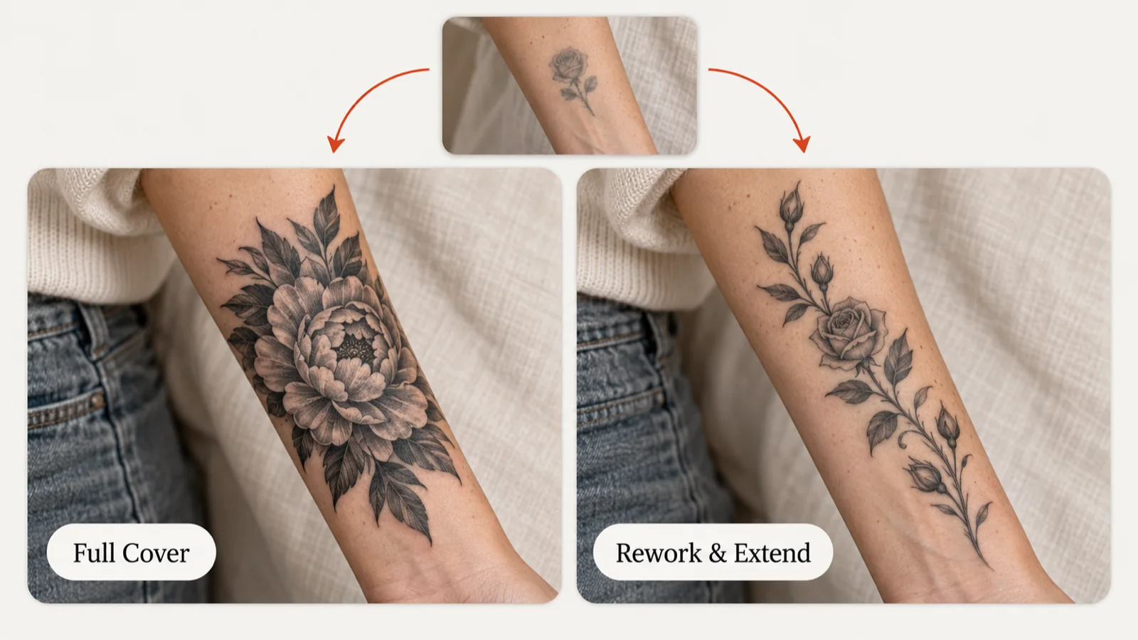 One faded forearm rose split two ways: Full Cover as a dense black and grey peony, Rework & Extend as the rose grown into a floral vine