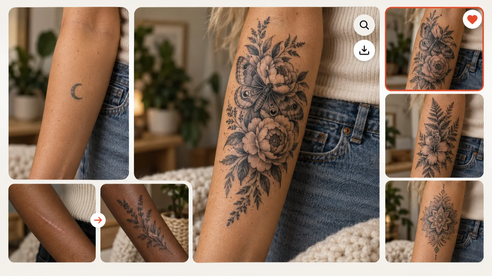 Image viewer comparing an original tattoo photo with three cover-up concepts, one marked as a favorite, plus a lavender vine over a forearm scar