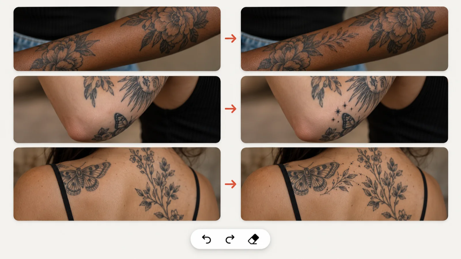 Before and after pairs of a narrow forearm strip, an elbow corner and an irregular shoulder blade gap with eraser and undo icons