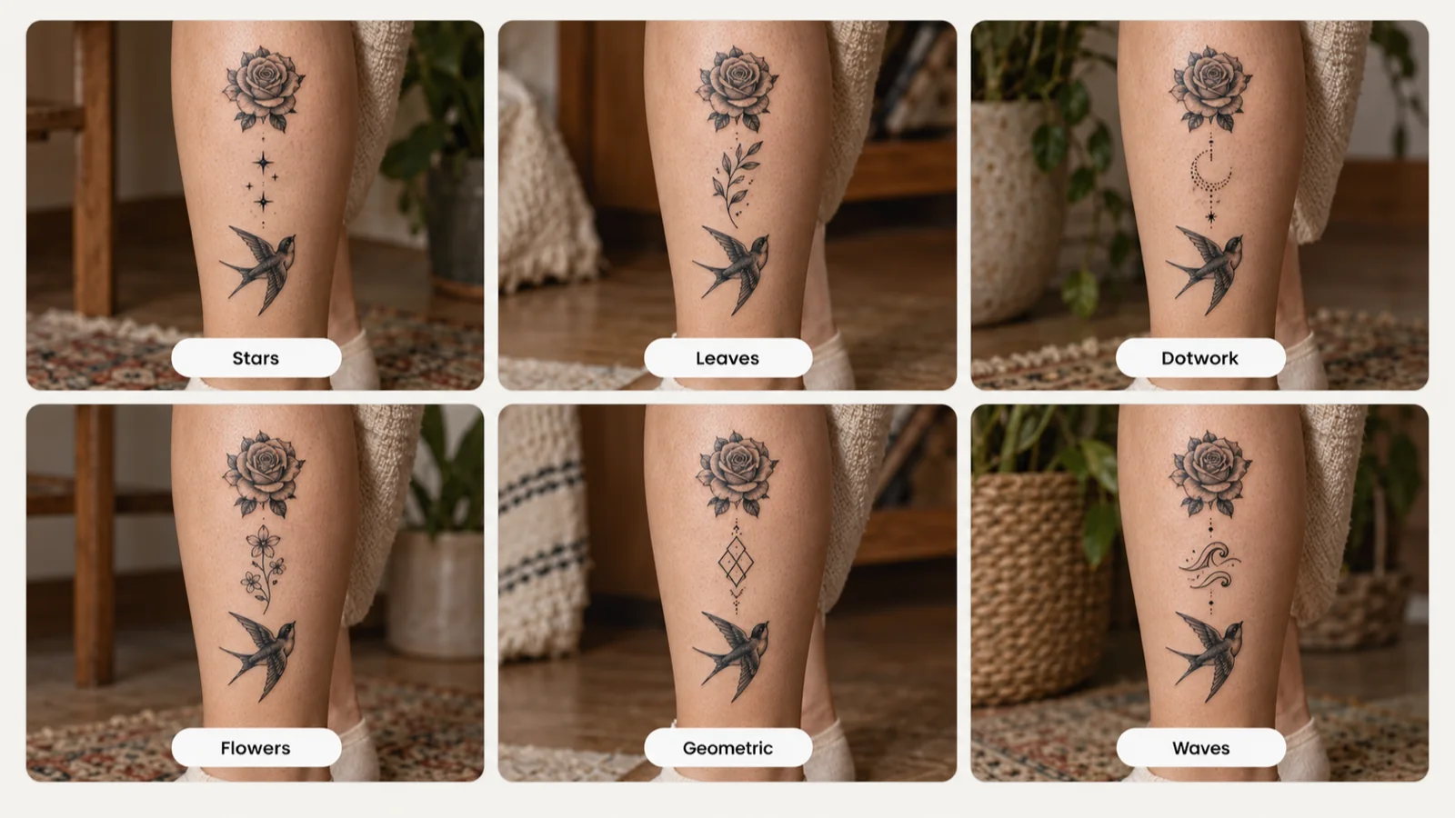 The same calf gap between a rose and a swallow filled six ways: stars, leaves, dotwork, flowers, geometric and waves