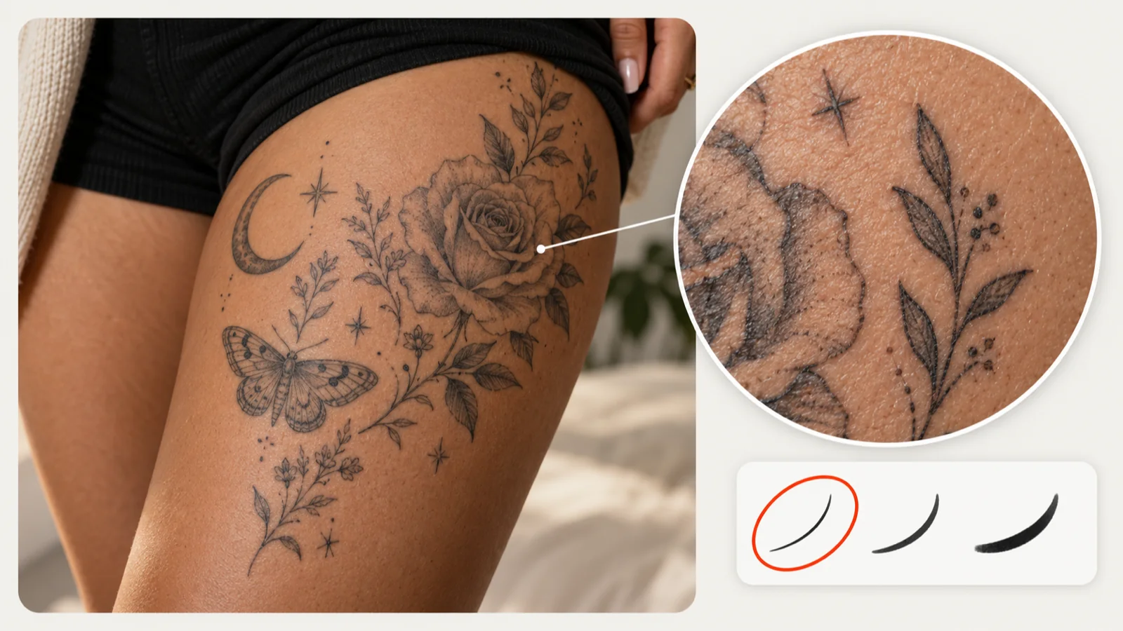 Thigh patchwork with a new filler; a loupe compares existing and new line weight beside three line-weight swatches