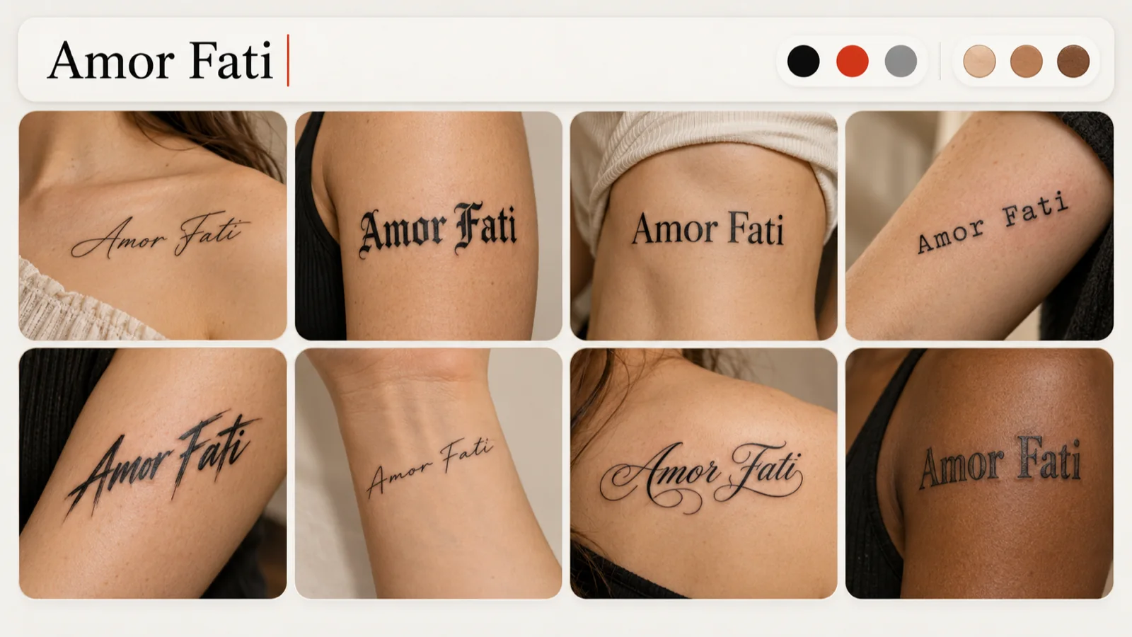 Tattoo font generator previewing Amor Fati in eight fonts with ink color and skin-tone toggles
