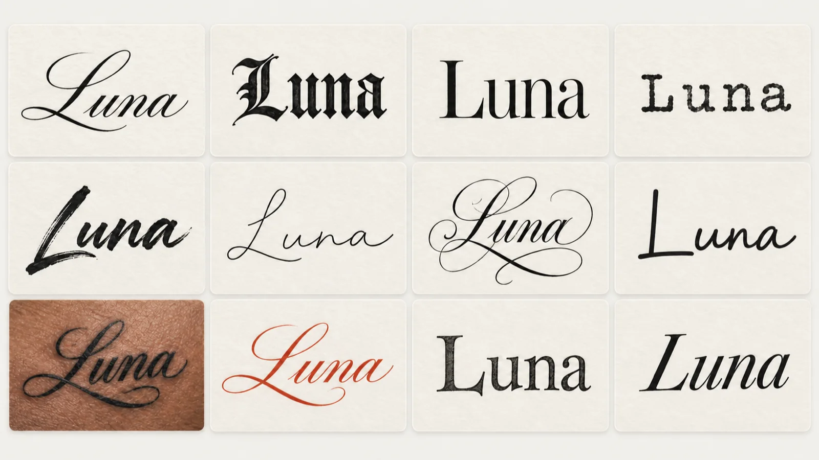 The word Luna shown in 12 classic tattoo fonts, including one card on deep skin tone and one in red ink