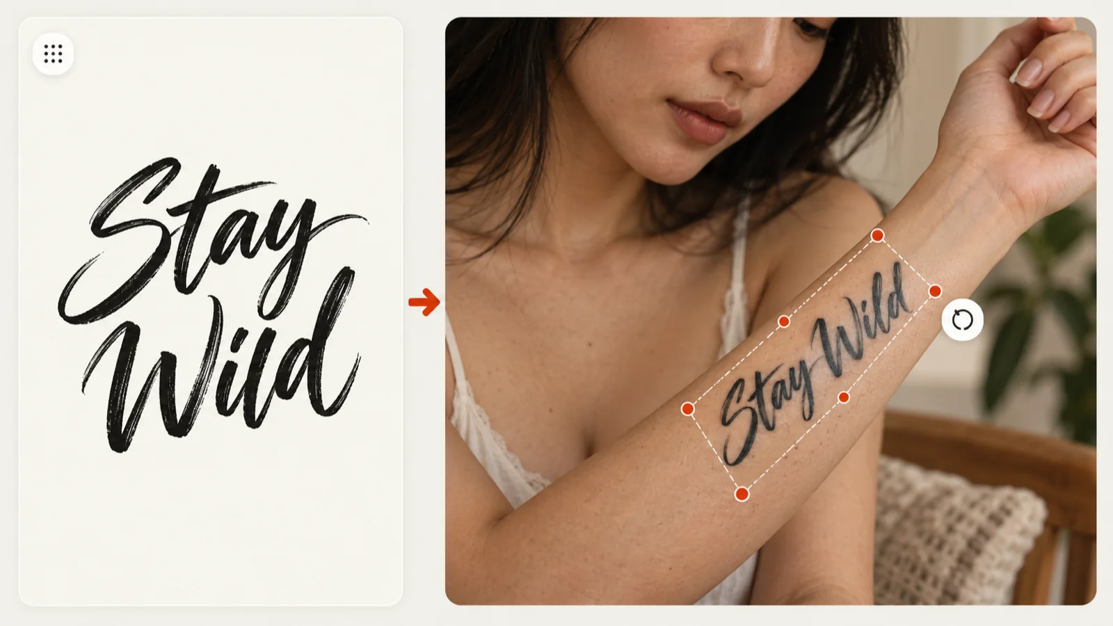 Stay Wild lettering moved from a flat card onto a forearm photo with resize and rotate handles