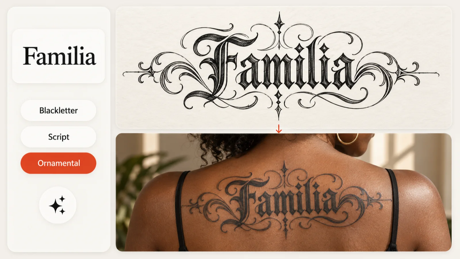 Familia entered with lettering style chips beside an ornate AI lettering artwork and an upper-back tattoo