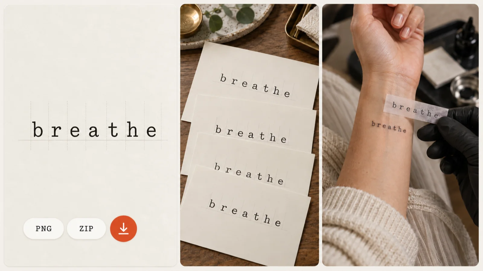 Enlarged breathe lettering preview with PNG and ZIP badges, exported sheets and an artist holding a stencil
