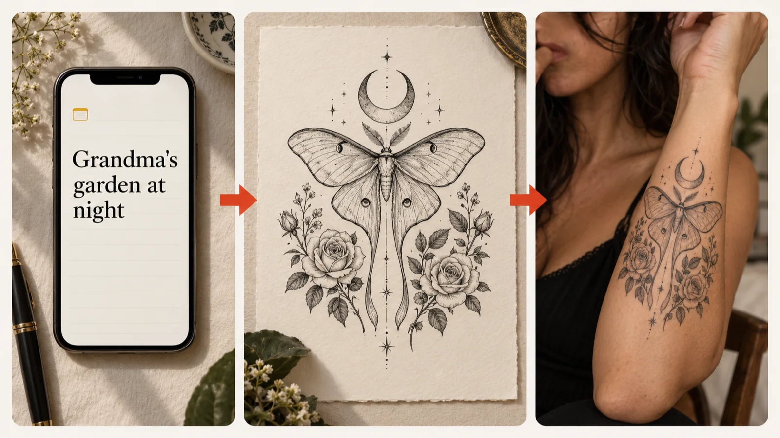 A note about a night garden turned into a luna moth tattoo design and shown on a forearm