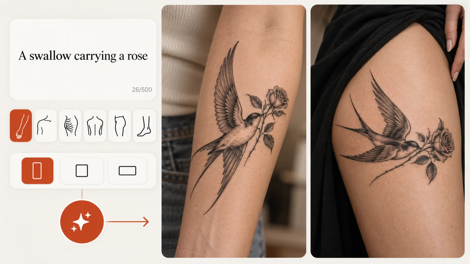 Prompt 'A swallow carrying a rose' with placement and proportion options beside two finished swallow tattoos