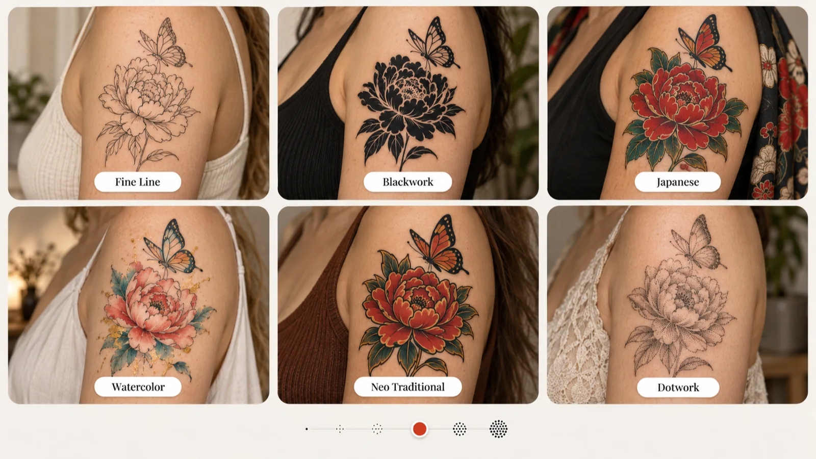 One peony and butterfly tattoo shown in fine line, blackwork, Japanese, watercolor, neo traditional and dotwork styles
