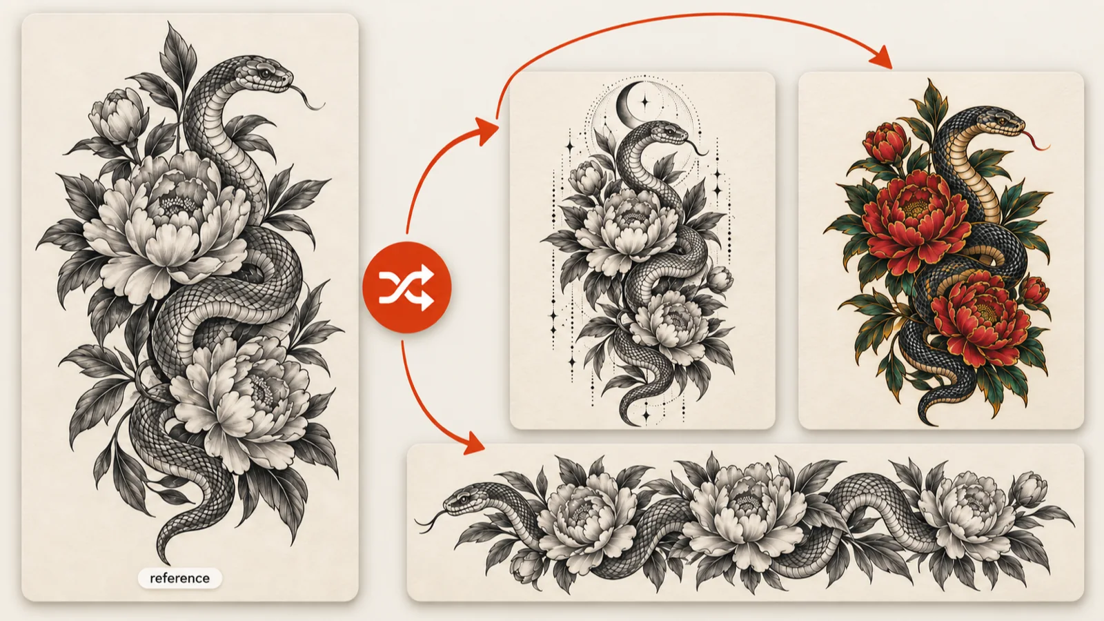 Snake and peony reference card remixed into three new tattoo variations