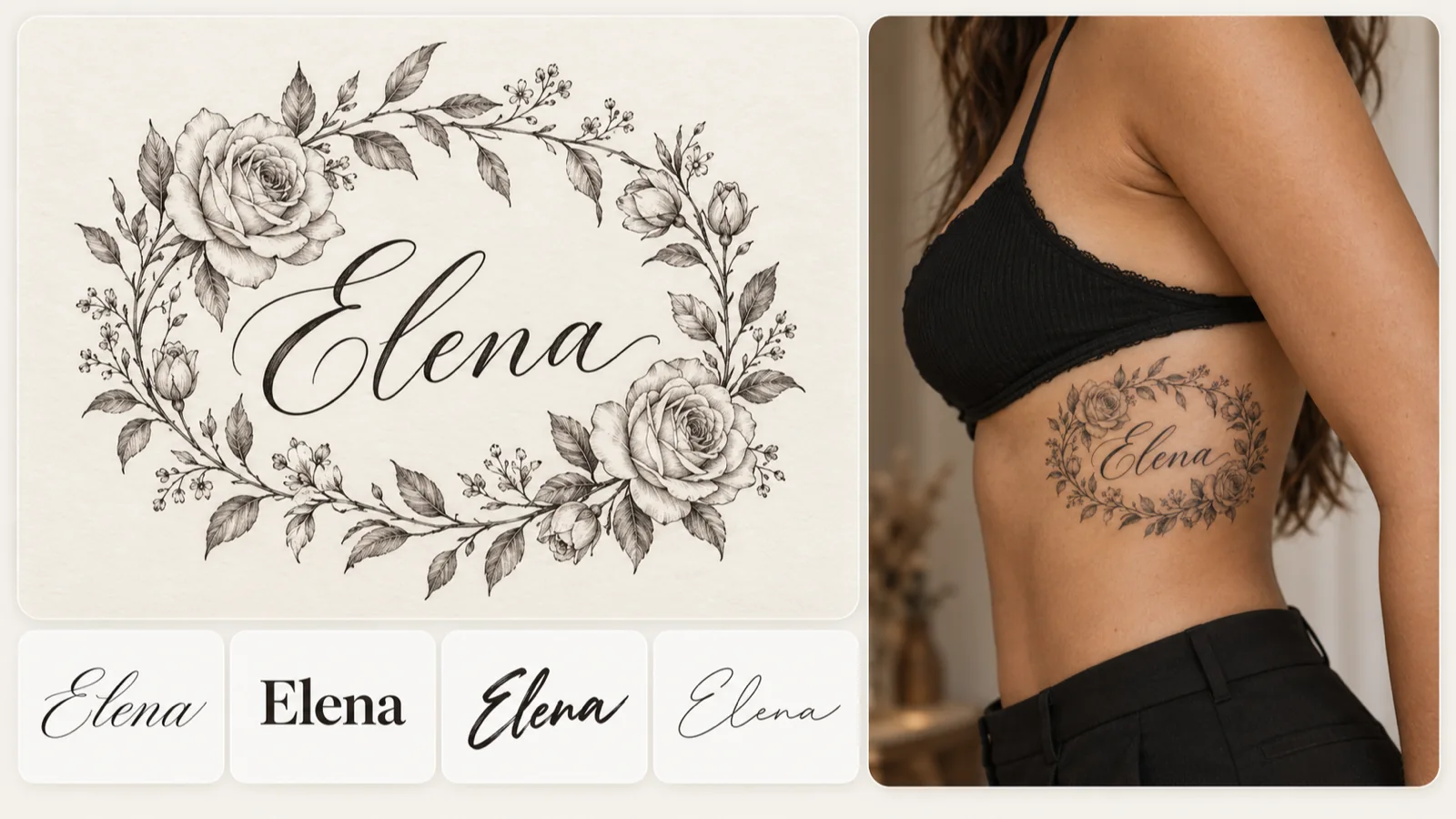 Floral wreath tattoo with the name Elena, four font samples and the design on the ribs