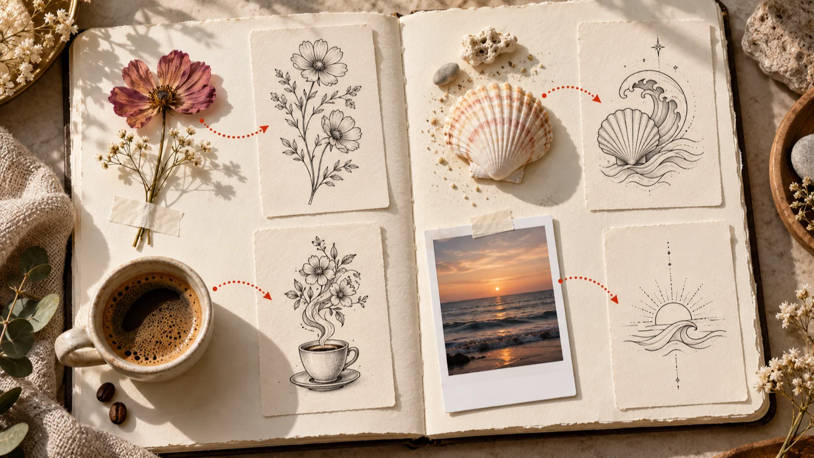 Personal keepsakes such as dried flowers, a seashell and a coffee cup linked to tattoo sketches