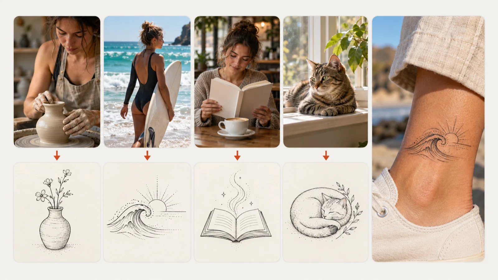Ceramics, surfing, reading and a cat paired with matching tattoo sketches and one design on an ankle