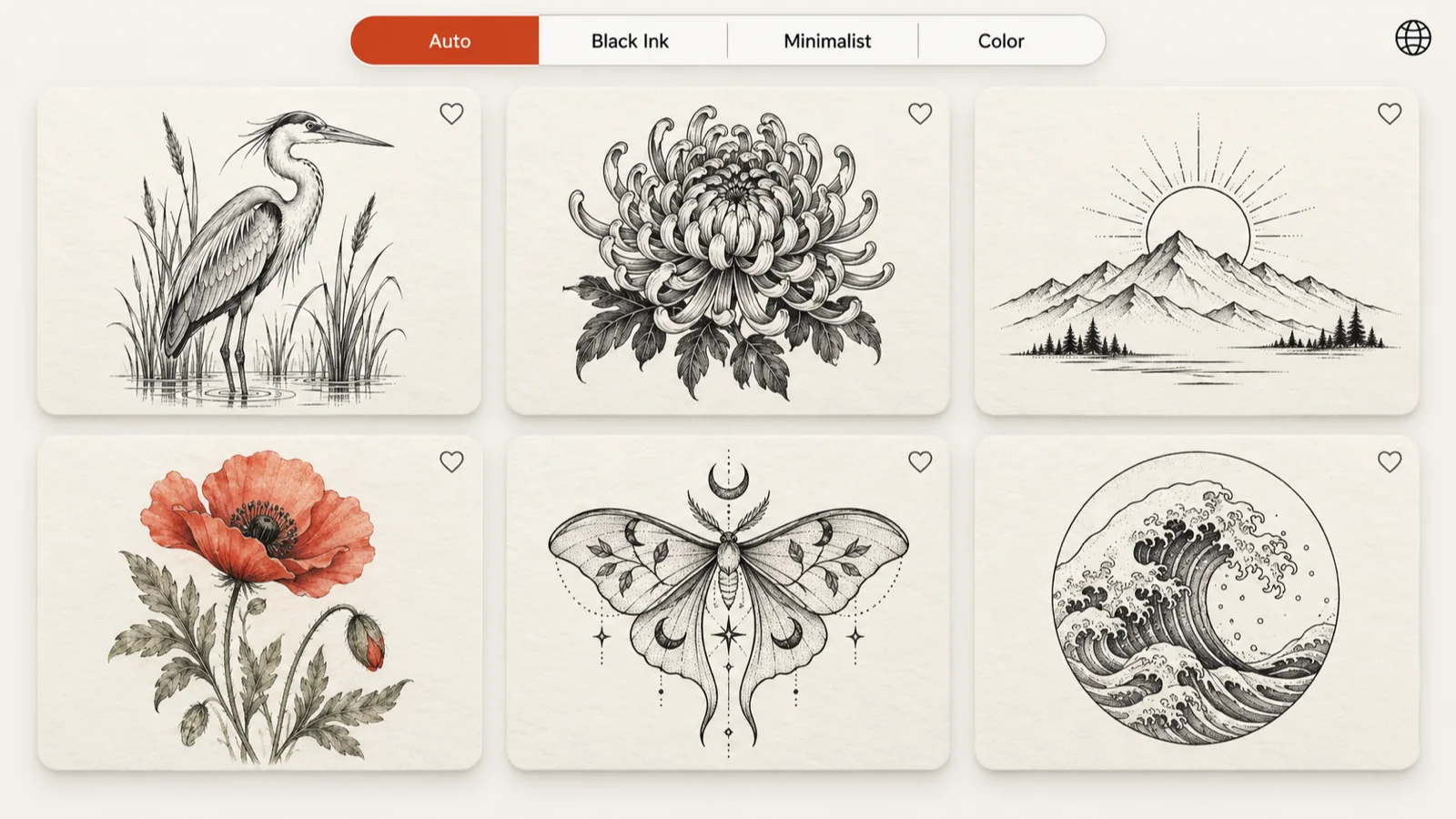 Six tattoo idea cards with sketches, a type tab bar and a small language globe icon