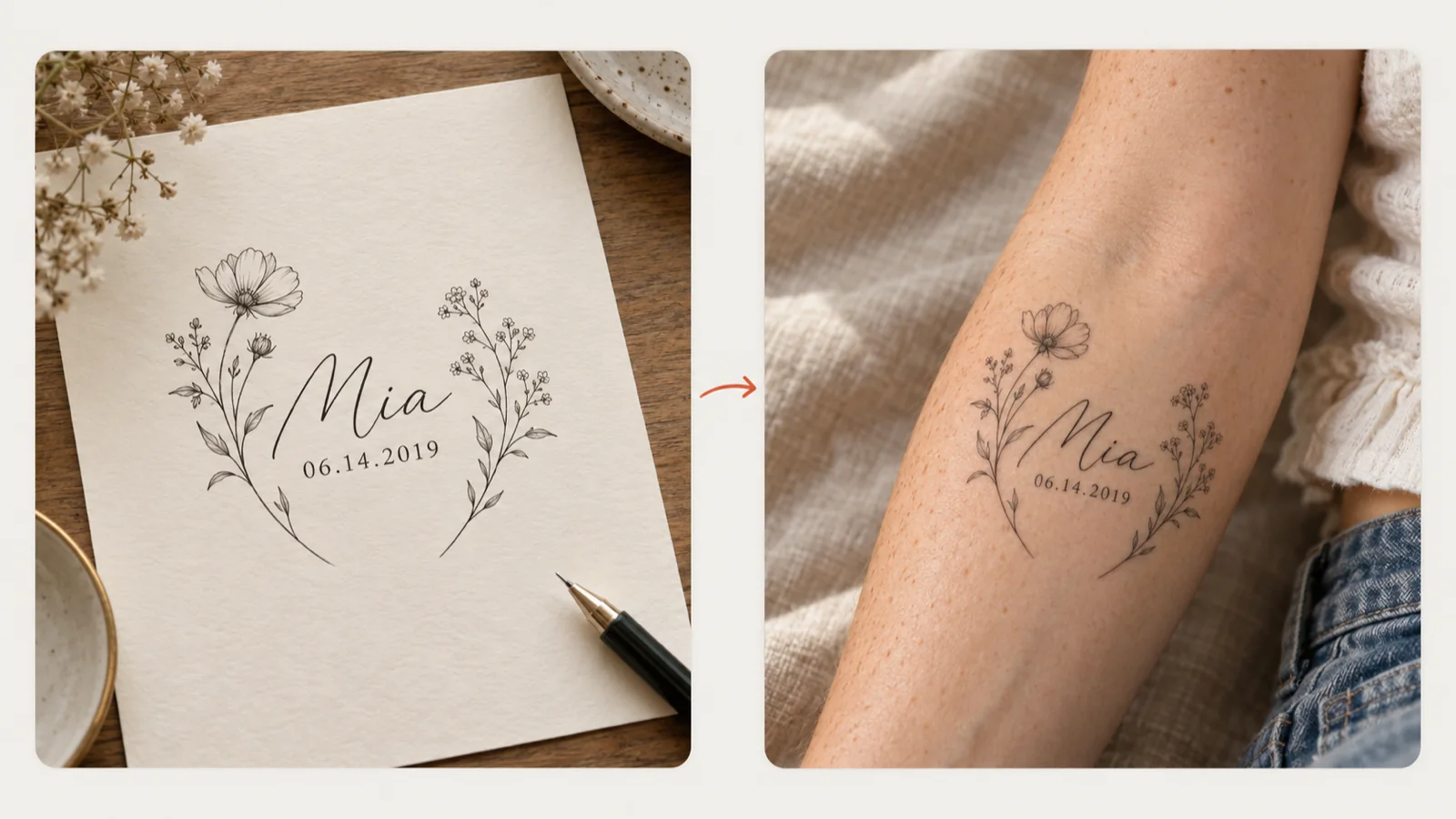 Floral tattoo concept with the name Mia and the date 06.14.2019 on paper and on a forearm