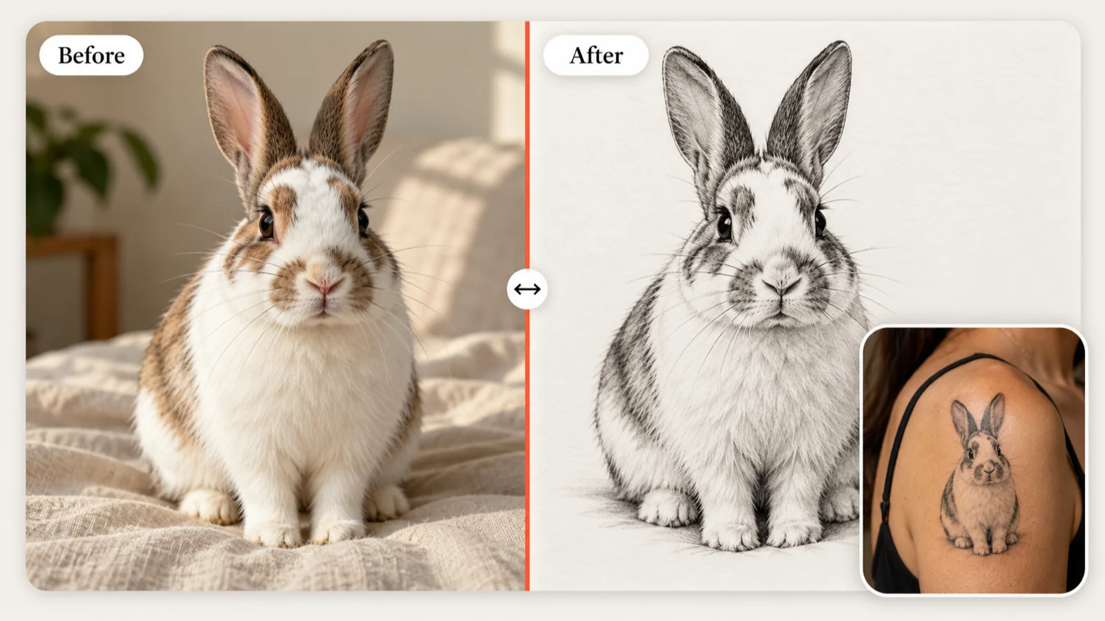 Pet rabbit photo beside the same rabbit redrawn as a black and grey tattoo design
