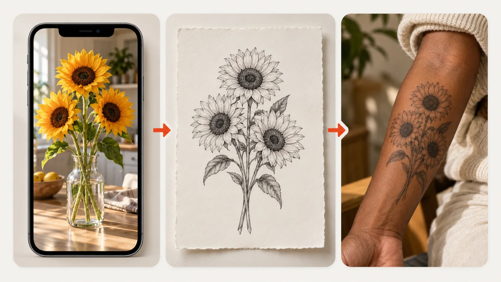 Sunflower photo on a phone turned into a fine-line sunflower tattoo on a forearm