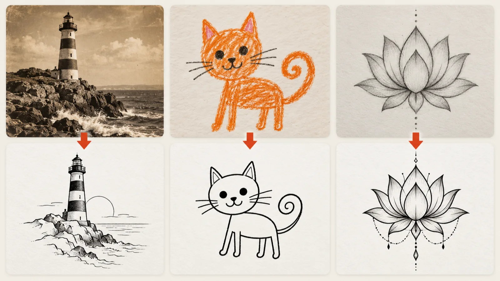 Lighthouse photo, child crayon cat and lotus sketch each converted into tattoo linework