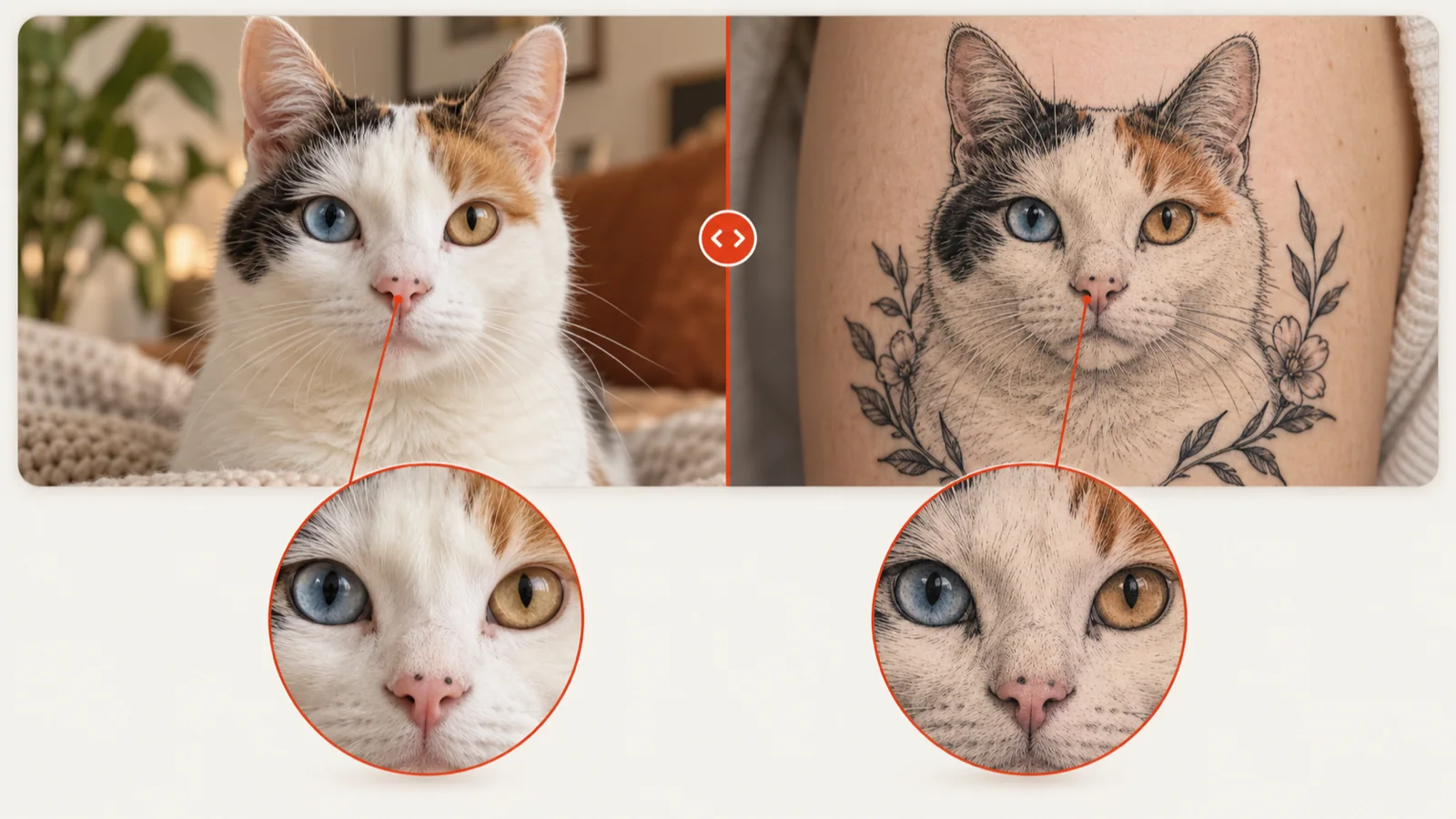 Comparison slider over a cat photo with zoomed loupes matching its eye and nose markings in the tattoo