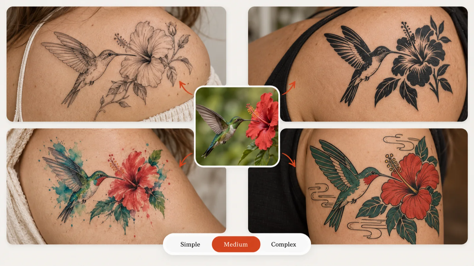 Hummingbird photo surrounded by fine line, blackwork, watercolor and Japanese tattoo versions