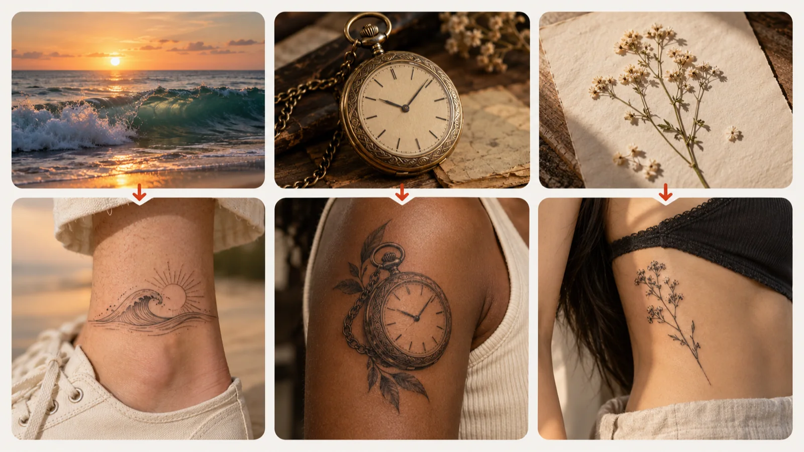 Beach postcard, pocket watch and pressed flower photos turned into ankle, arm and rib tattoos