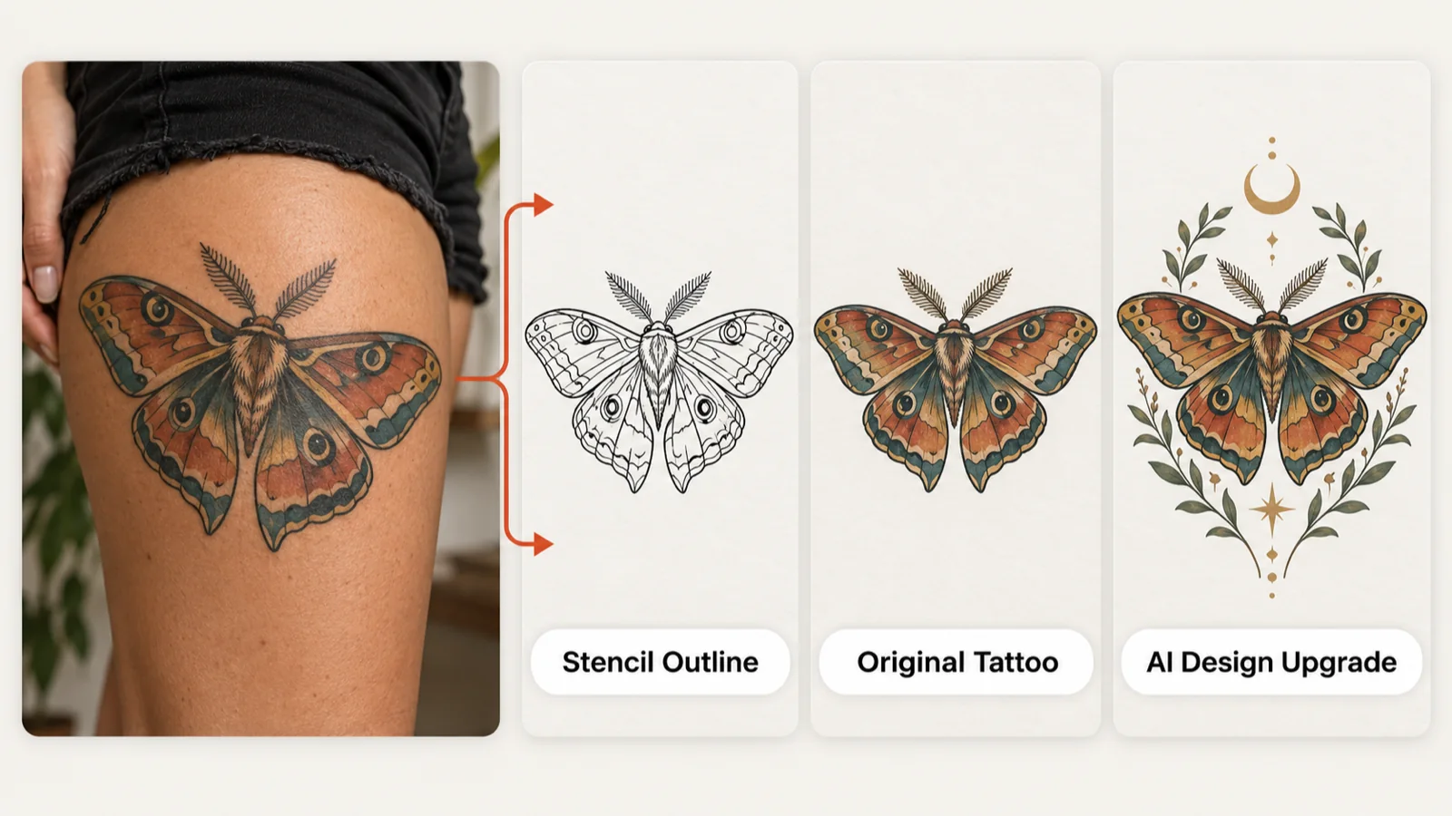 Color neo-traditional moth tattoo on a thigh next to its Stencil Outline, Original Tattoo and AI Design Upgrade results