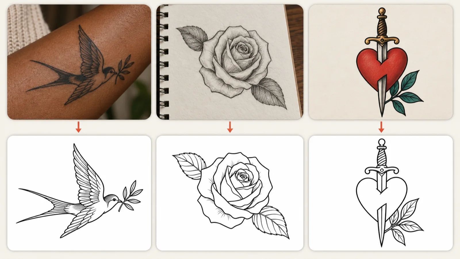 A healed tattoo photo, a pencil sketch and a colored digital flash, each paired with its clean black linework