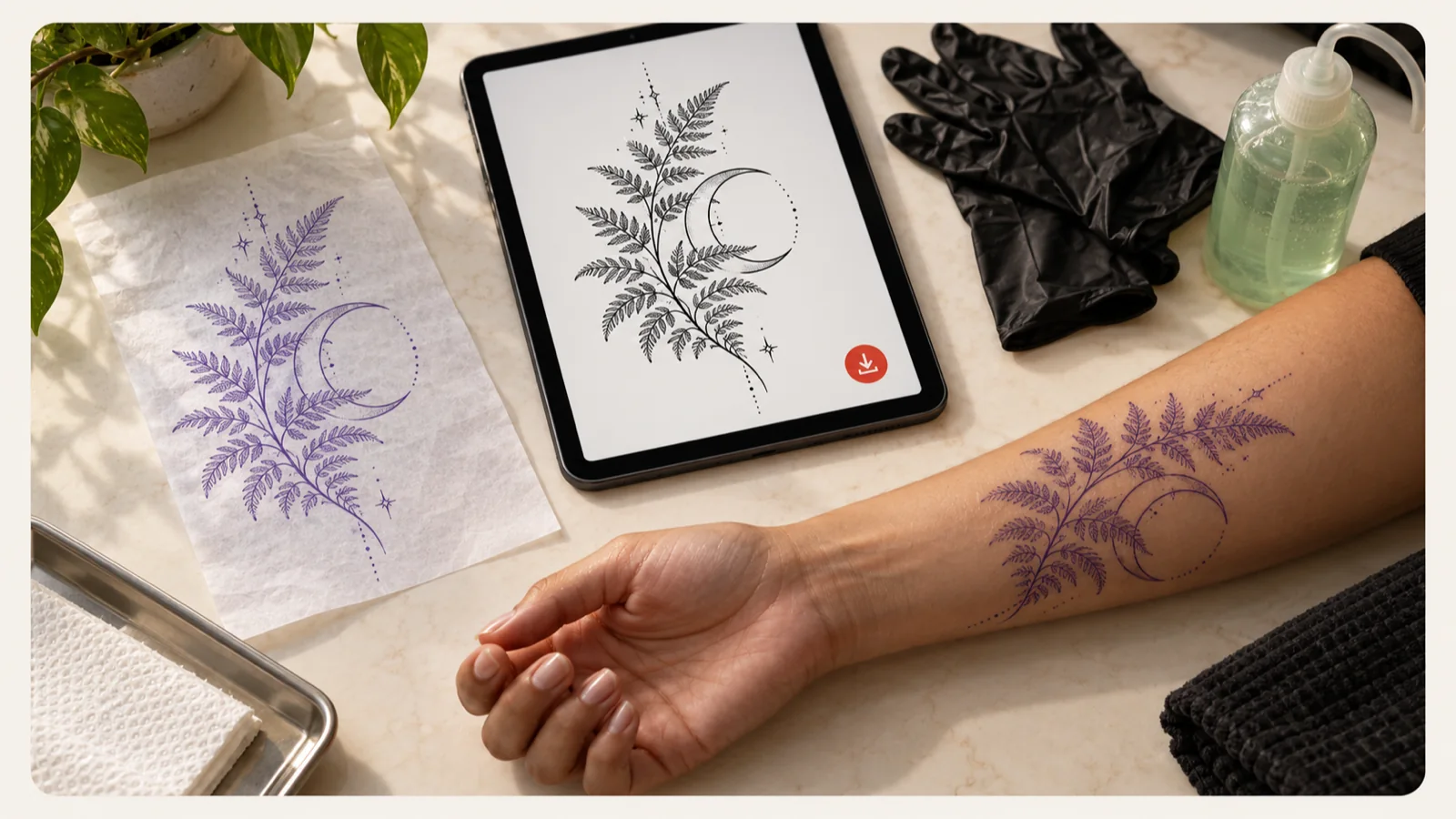 Studio table with a printed thermal stencil sheet, a tablet showing linework, black gloves and a purple stencil transferred onto a forearm