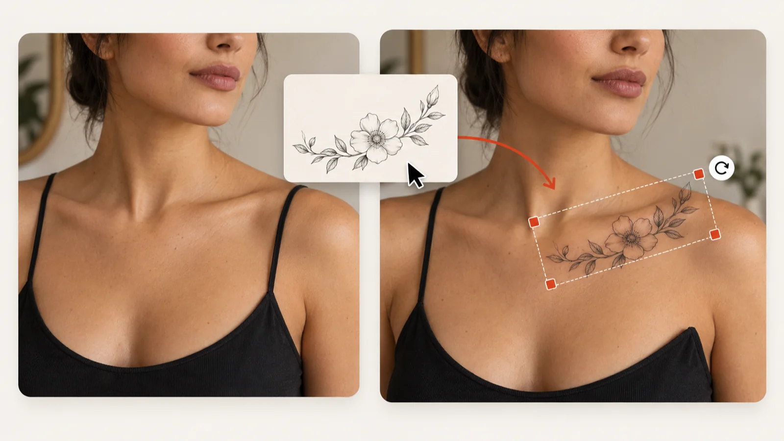Tattoo try on: a floral design card dragged onto a collarbone photo with selection handles