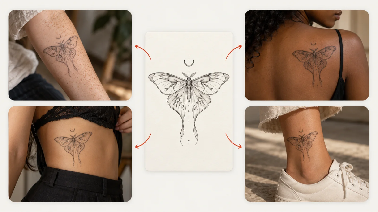 The same fine line moth tattoo previewed on a forearm, shoulder blade, ribs and ankle