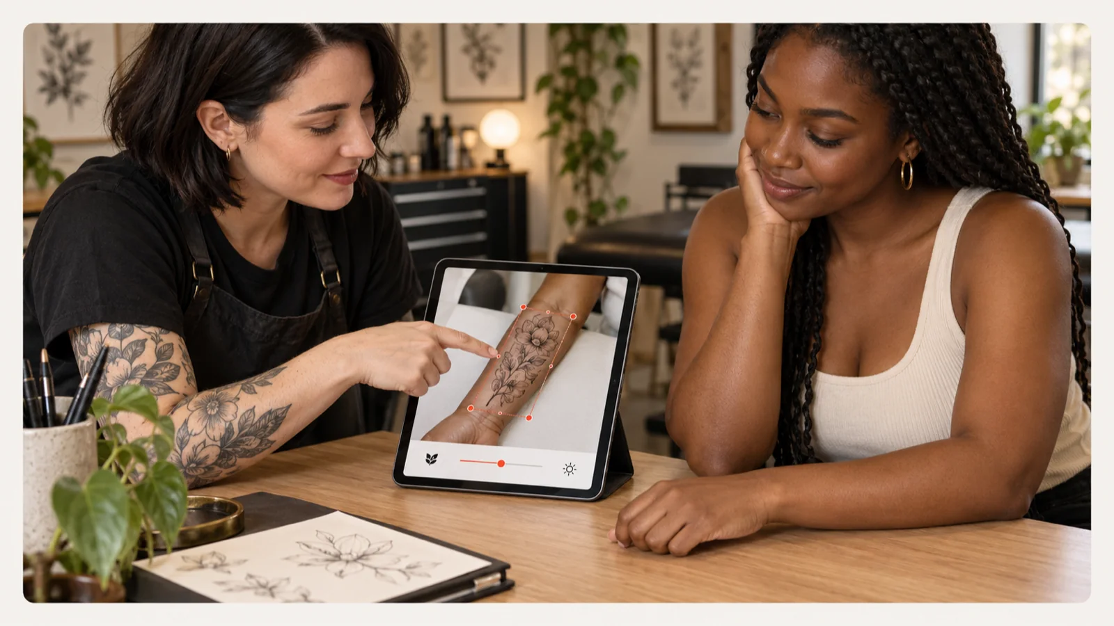 Tattoo artist and client reviewing a floral placement preview on a tablet during a consultation