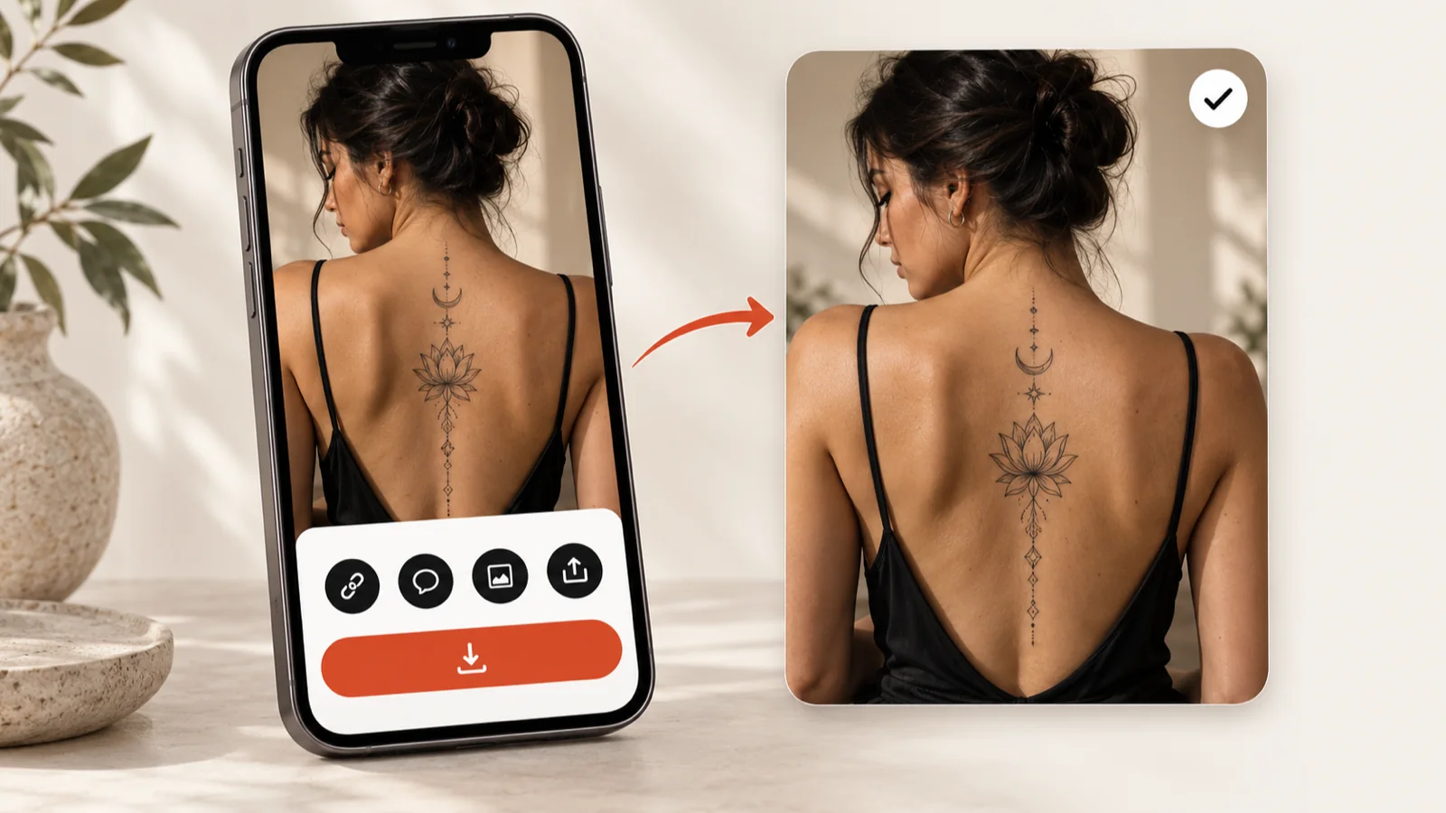 Phone showing a spine tattoo preview on an open back with share and download buttons