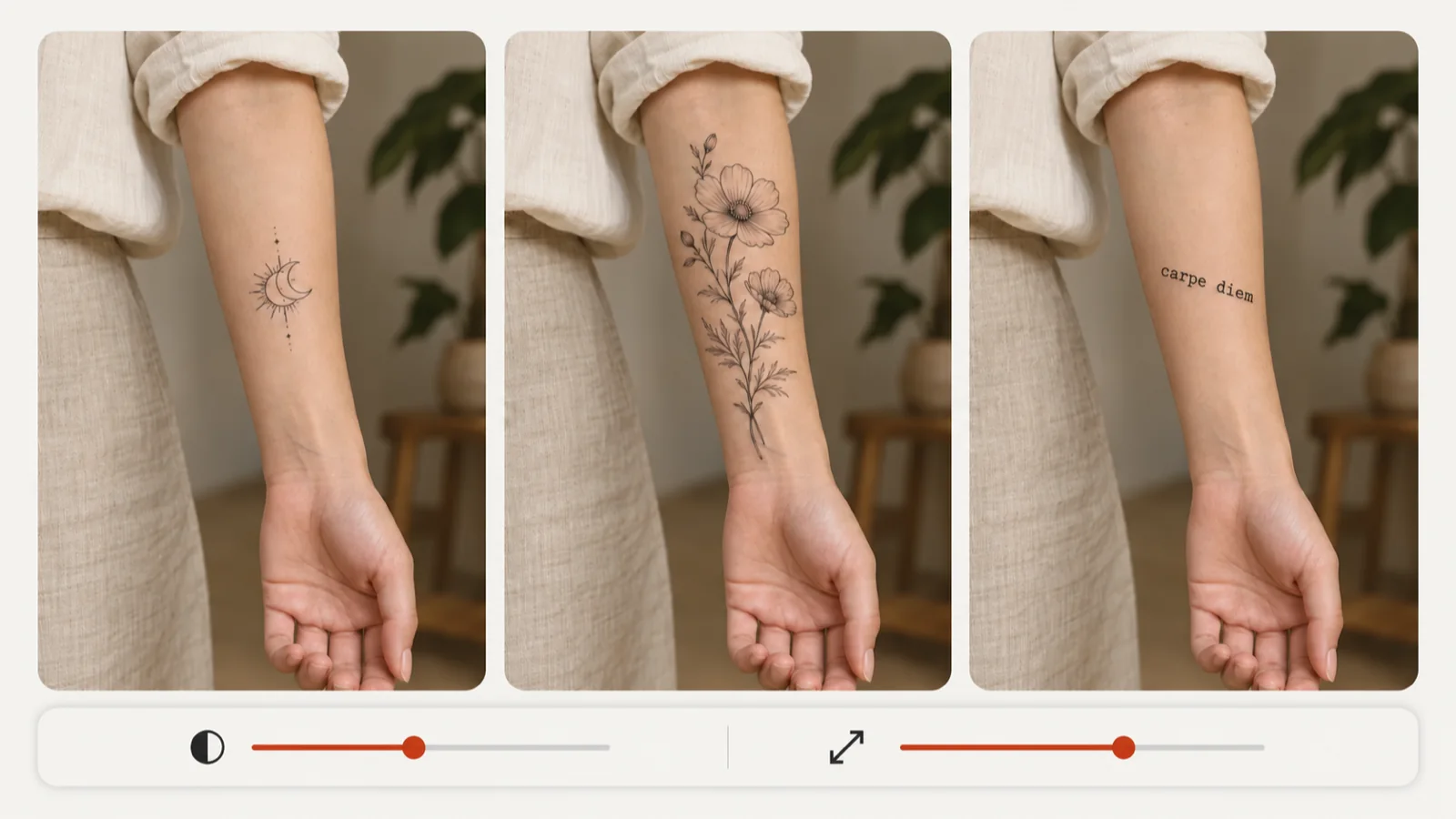 Same forearm shown with a small symbol, a larger floral and carpe diem lettering, with size controls