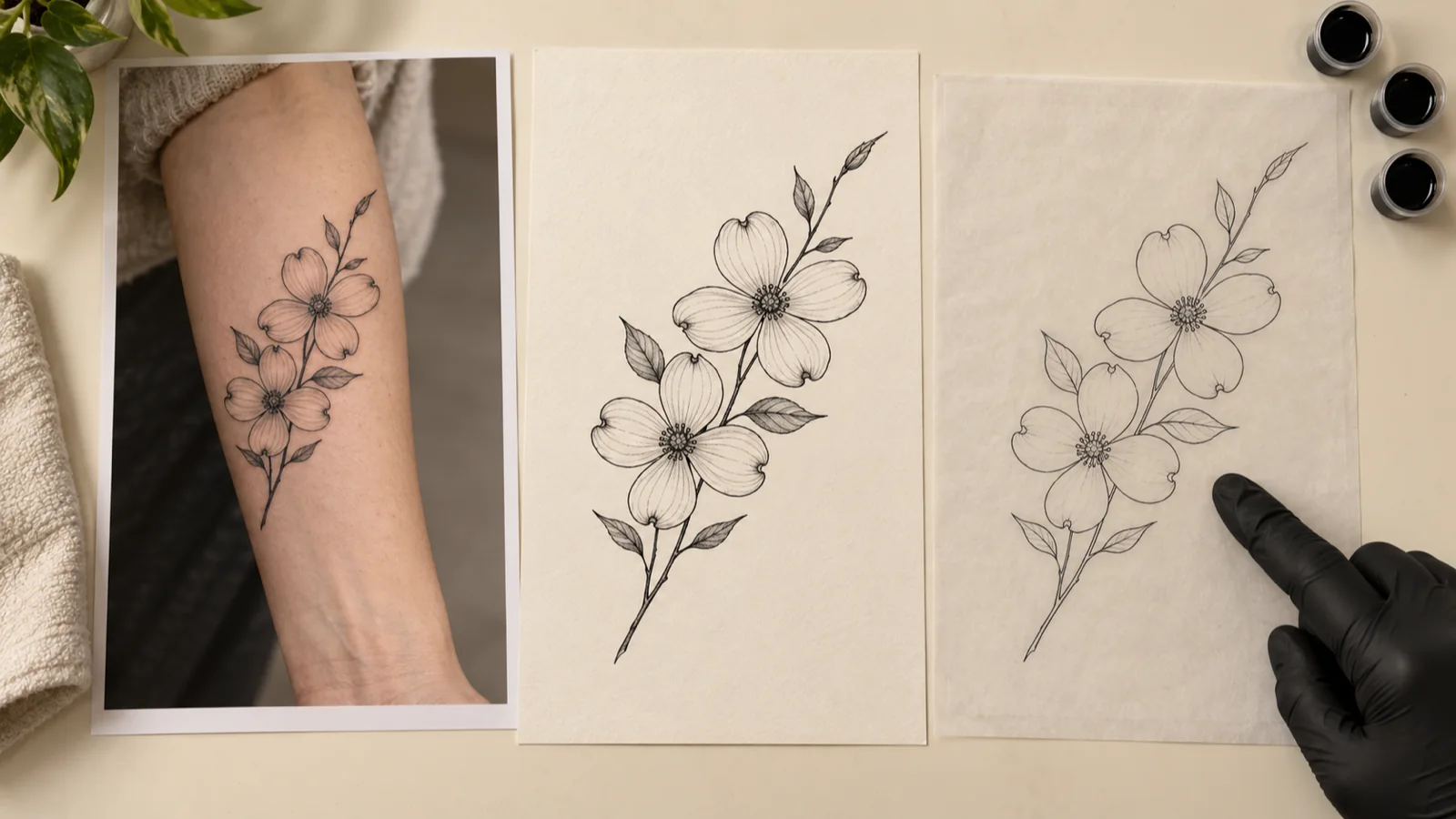 Printed placement composite beside the original design sheet and a stencil, with an artist pointing